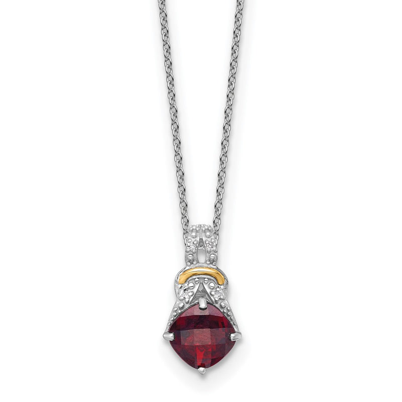 Ss Rhodium Plated W/ 14K/Silver Two-Tone Accent Garnet and Dia Necklace