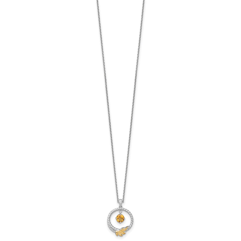 Ss Rhodium Plated W/ 14K/Silver Two-Tone Accent Twisted Citrine Leaf Circle Necklace