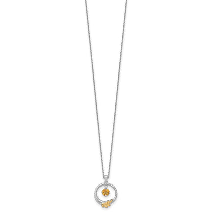 Ss Rhodium Plated W/ 14K/Silver Two-Tone Accent Twisted Citrine Leaf Circle Necklace