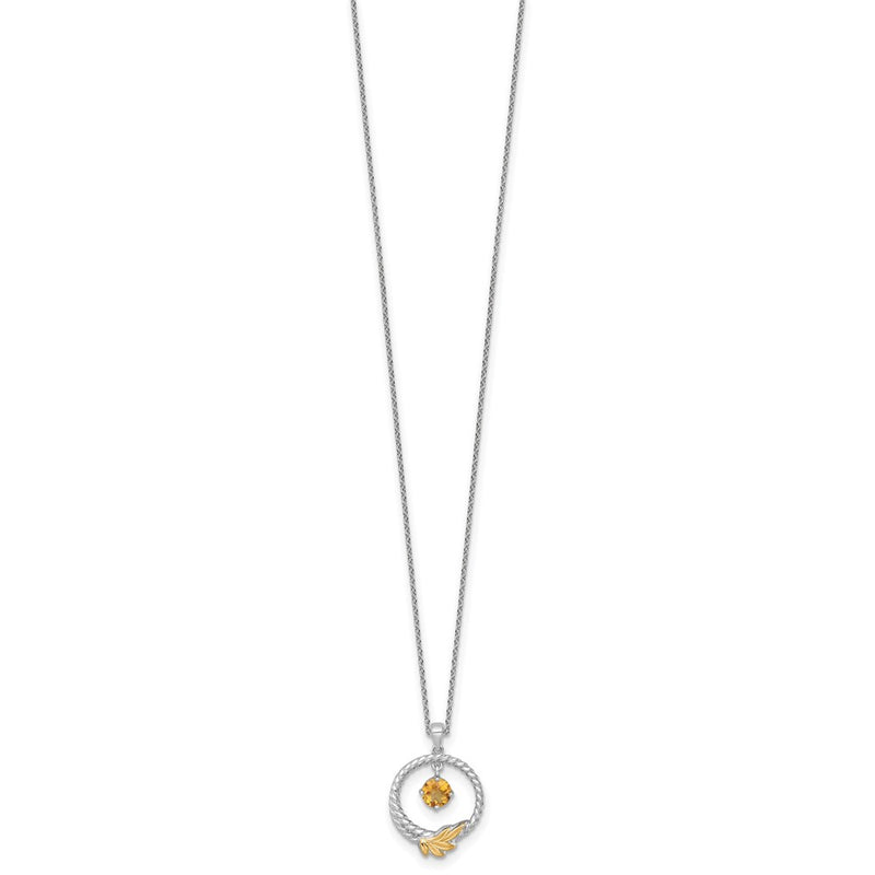 Ss Rhodium Plated W/ 14K/Silver Two-Tone Accent Twisted Citrine Leaf Circle Necklace