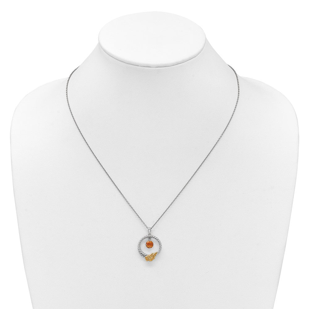 Ss Rhodium Plated W/ 14K/Silver Two-Tone Accent Twisted Citrine Leaf Circle Necklace