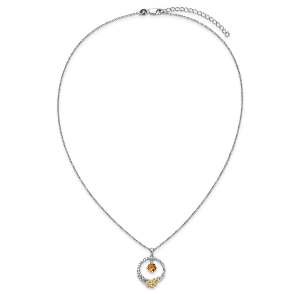 Ss Rhodium Plated W/ 14K/Silver Two-Tone Accent Twisted Citrine Leaf Circle Necklace