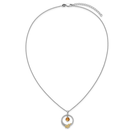 Ss Rhodium Plated W/ 14K/Silver Two-Tone Accent Twisted Citrine Leaf Circle Necklace