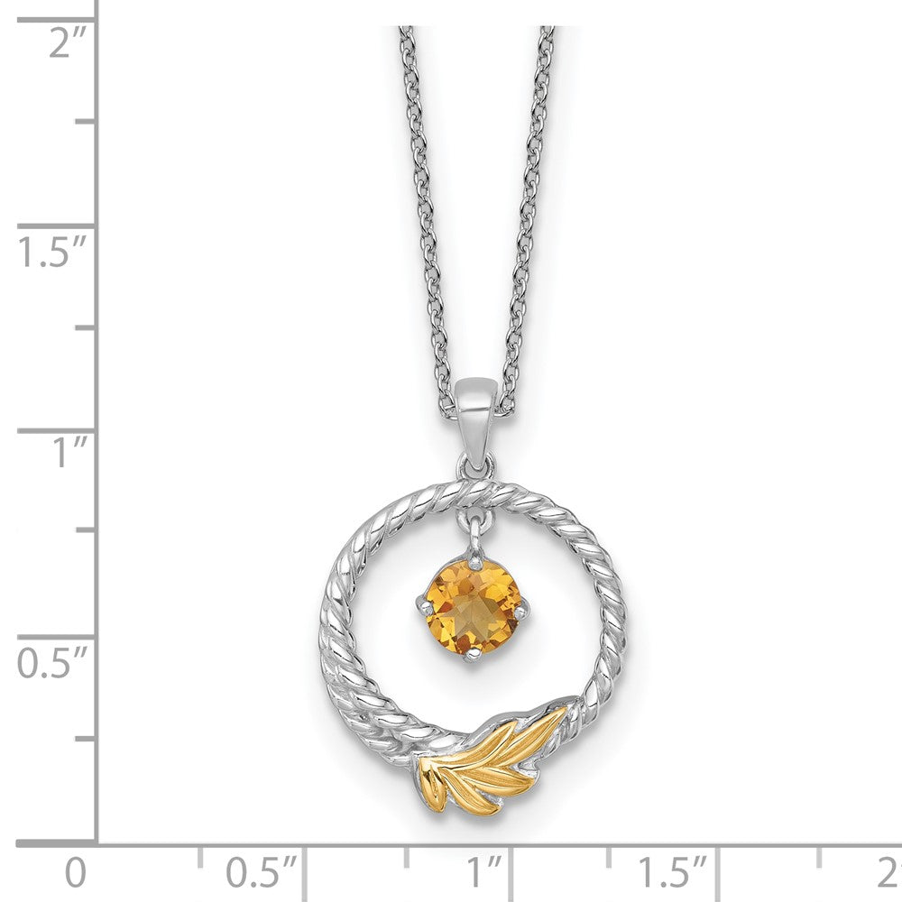 Ss Rhodium Plated W/ 14K/Silver Two-Tone Accent Twisted Citrine Leaf Circle Necklace