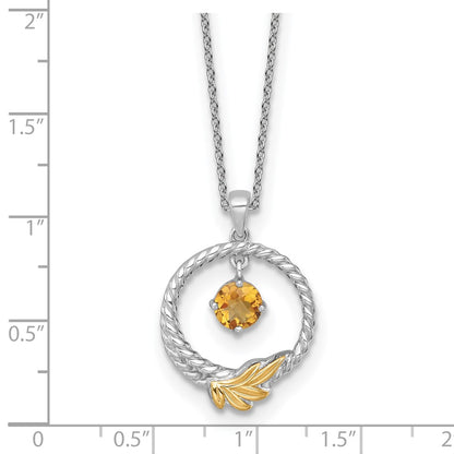 Ss Rhodium Plated W/ 14K/Silver Two-Tone Accent Twisted Citrine Leaf Circle Necklace