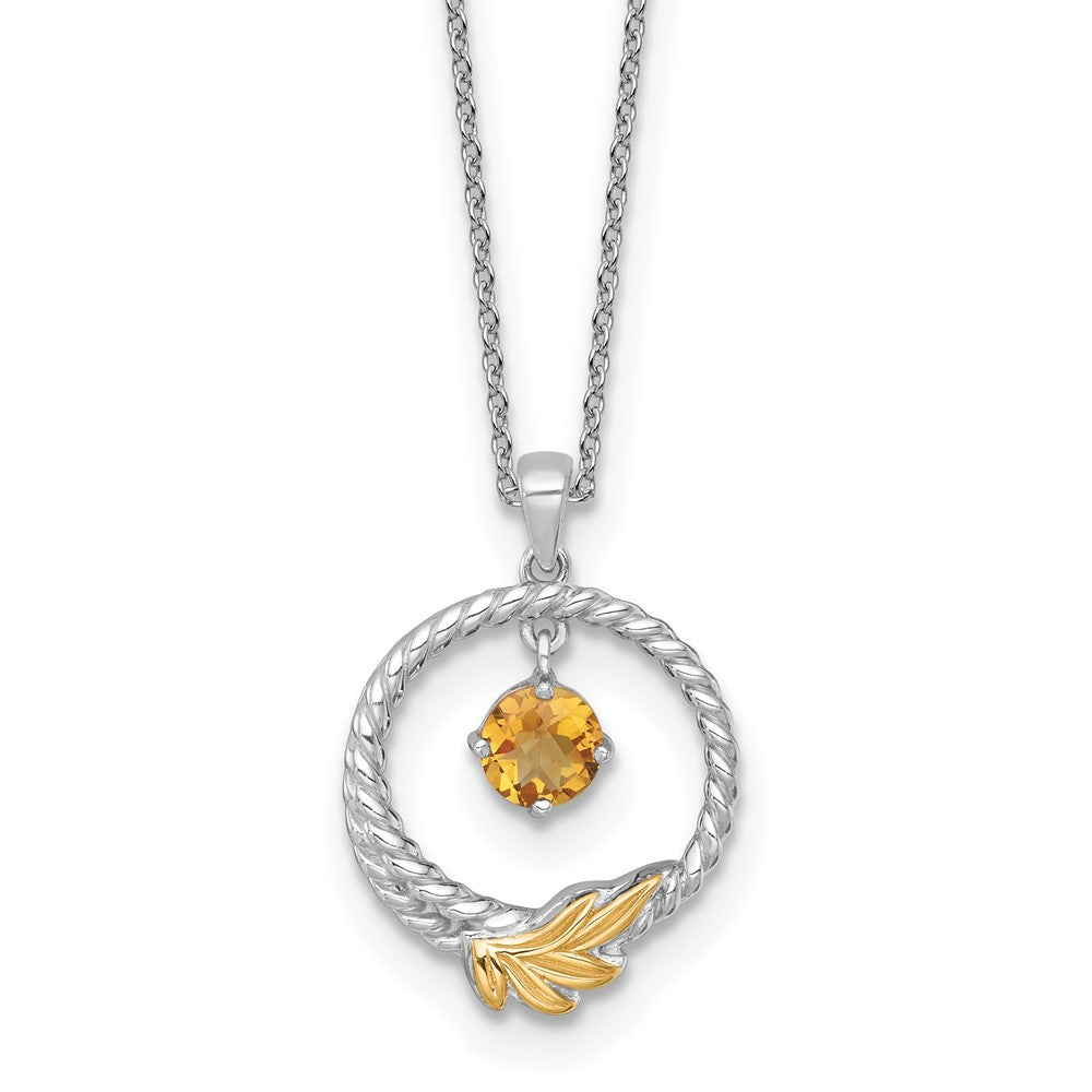 Ss Rhodium Plated W/ 14K/Silver Two-Tone Accent Twisted Citrine Leaf Circle Necklace