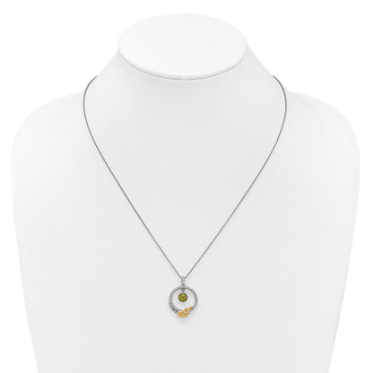 Ss Rhodium Plated W/ 14K/Silver Two-Tone Accent Twisted Peridot Leaf Circle Necklace