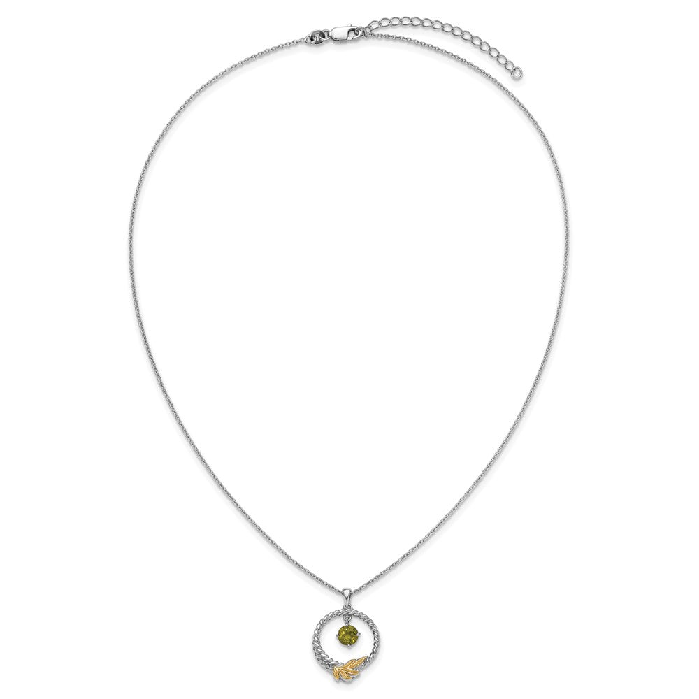 Ss Rhodium Plated W/ 14K/Silver Two-Tone Accent Twisted Peridot Leaf Circle Necklace