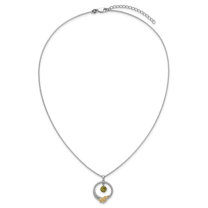 Ss Rhodium Plated W/ 14K/Silver Two-Tone Accent Twisted Peridot Leaf Circle Necklace
