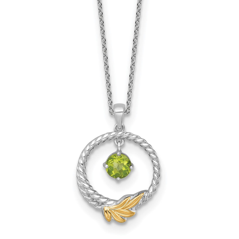 Ss Rhodium Plated W/ 14K/Silver Two-Tone Accent Twisted Peridot Leaf Circle Necklace