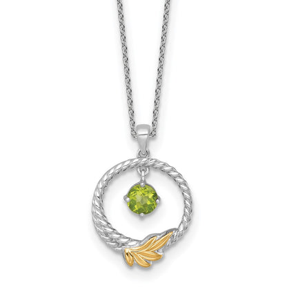 Ss Rhodium Plated W/ 14K/Silver Two-Tone Accent Twisted Peridot Leaf Circle Necklace