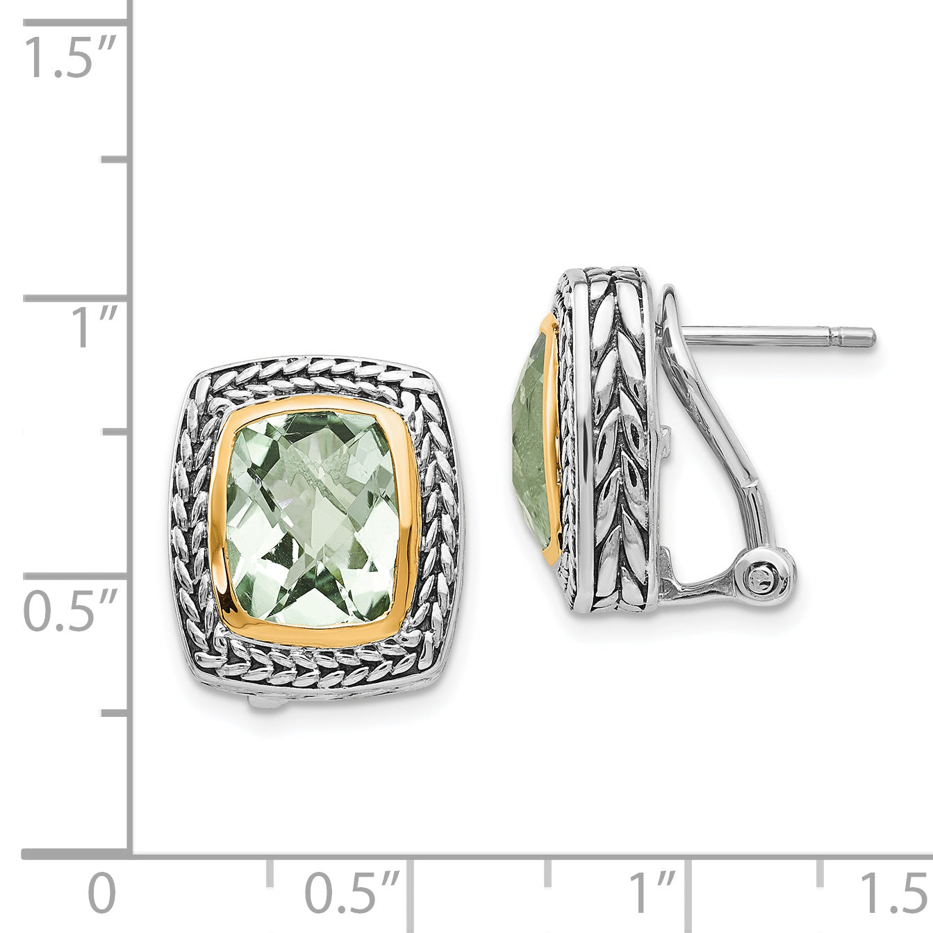 14K/Silver Two Tone Shey Couture Sterling Silver With 14K Accent Antiqued Cushion Bezel Green Quartz Omega Back Earrings
