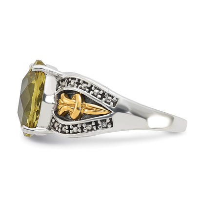 14K/Silver Two Tone Sterling Silver W/ 14K Accent Antiqued Oval Lemon Quartz Ring