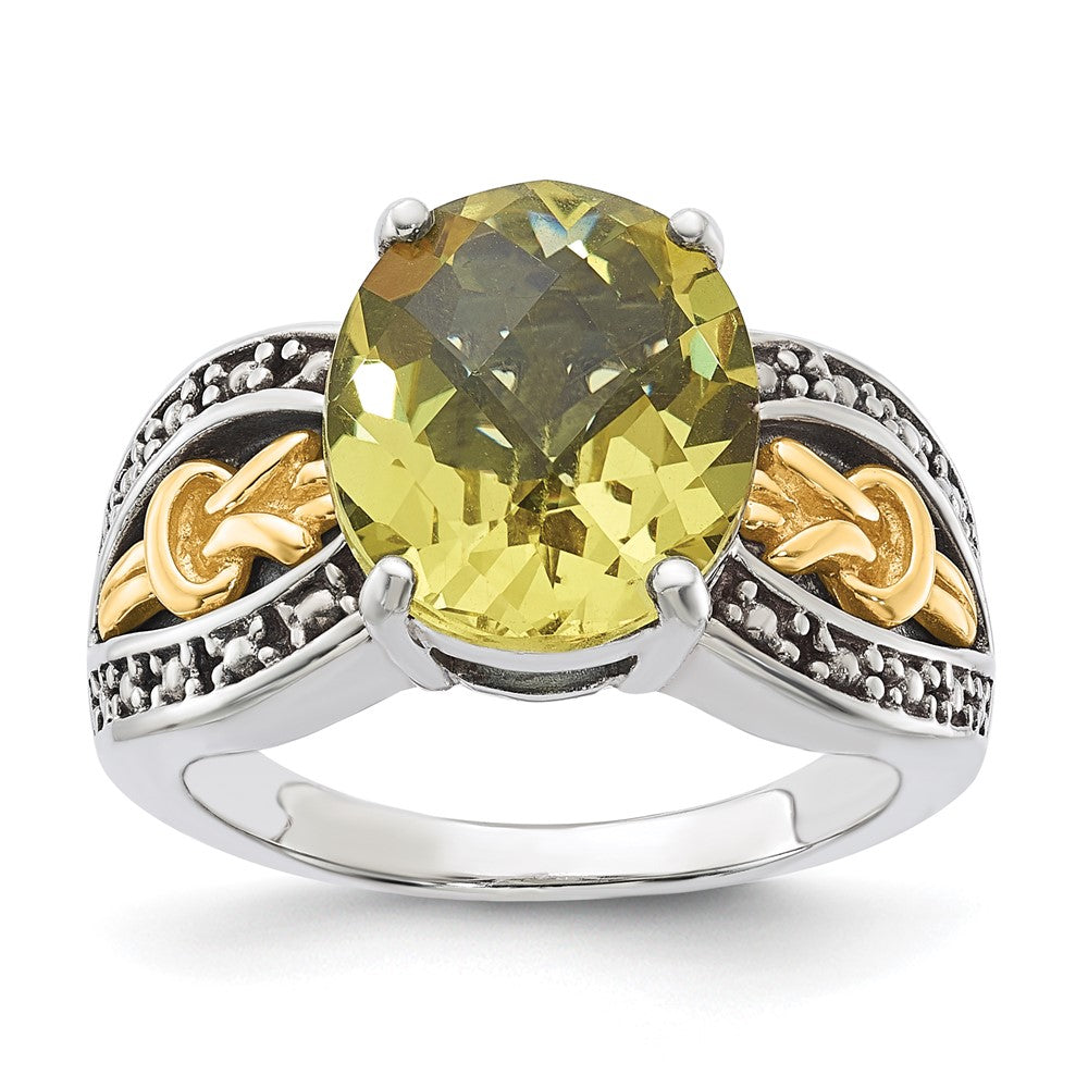 14K/Silver Two Tone Sterling Silver W/ 14K Accent Antiqued Oval Lemon Quartz Ring