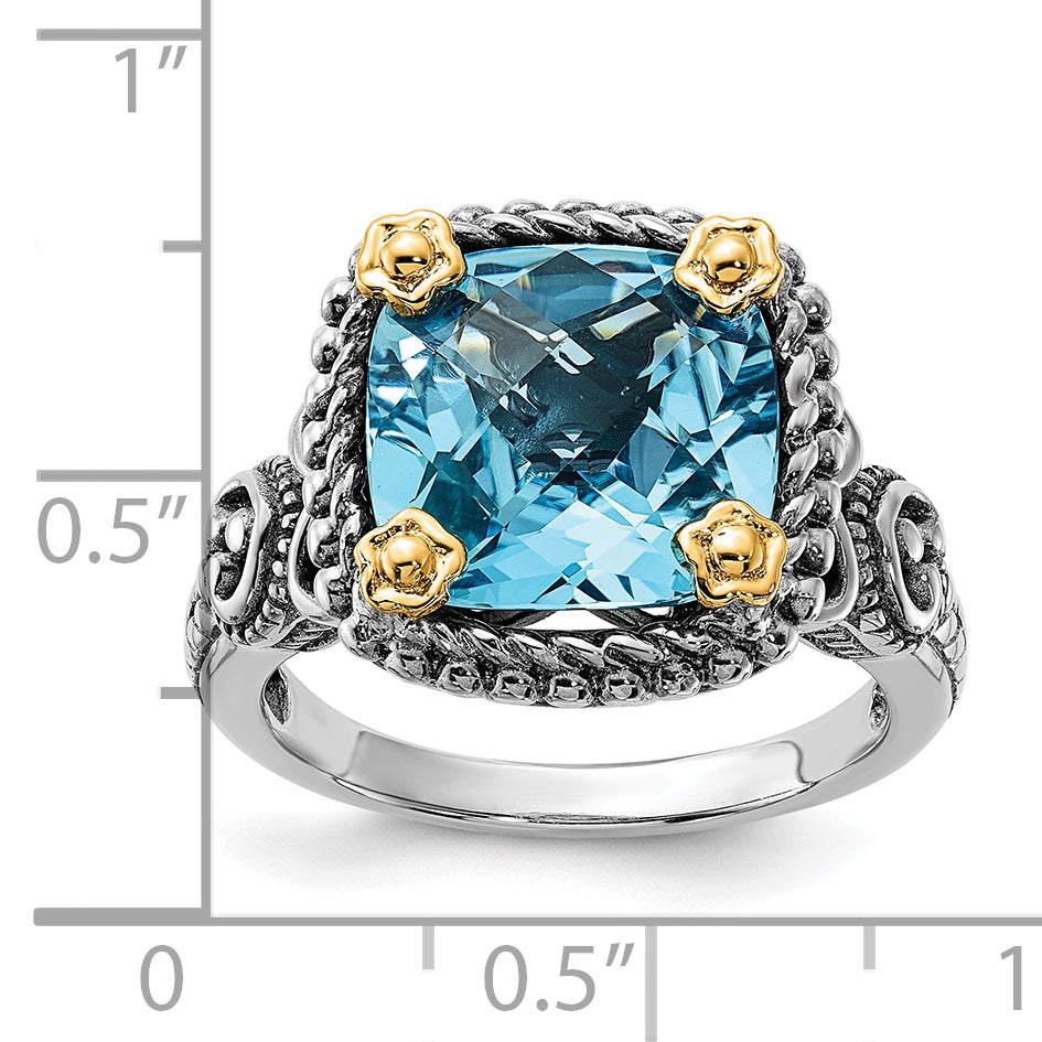 14K/Silver Two Tone Sterling Silver 14K Accent Polished & Antiqued Swiss Blue Topaz Ring
