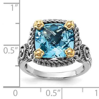 14K/Silver Two Tone Sterling Silver 14K Accent Polished & Antiqued Swiss Blue Topaz Ring