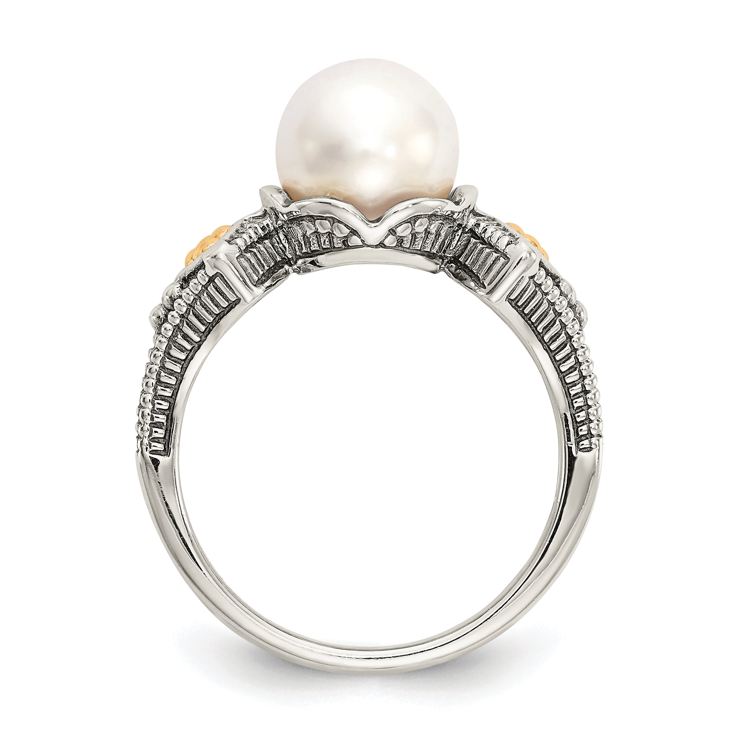 14K/Silver Two Tone Shey Couture Sterling Silver With 14K Accent Antiqued 8 8.5mm Freshwater Cultured Pearl Ring (Size 8 Only)