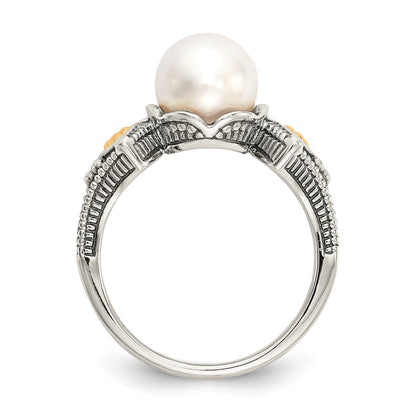 14K/Silver Two Tone Shey Couture Sterling Silver With 14K Accent Antiqued 8 8.5mm Freshwater Cultured Pearl Ring (Size 8 Only)