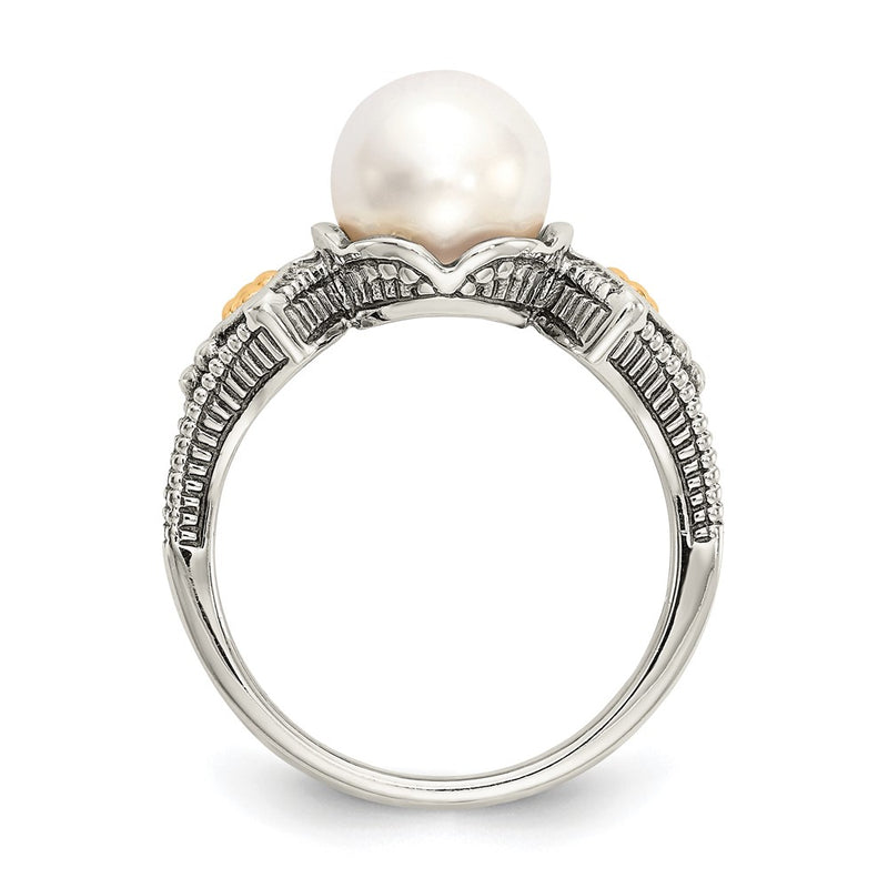 14K/Silver Two Tone Shey Couture Sterling Silver With 14K Accent Antiqued 8 8.5mm Freshwater Cultured Pearl Ring (Size 8 Only)