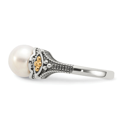 14K/Silver Two Tone Shey Couture Sterling Silver With 14K Accent Antiqued 8 8.5mm Freshwater Cultured Pearl Ring (Size 8 Only)