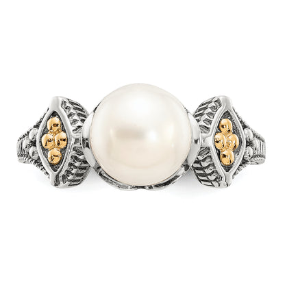 14K/Silver Two Tone Shey Couture Sterling Silver With 14K Accent Antiqued 8 8.5mm Freshwater Cultured Pearl Ring (Size 8 Only)