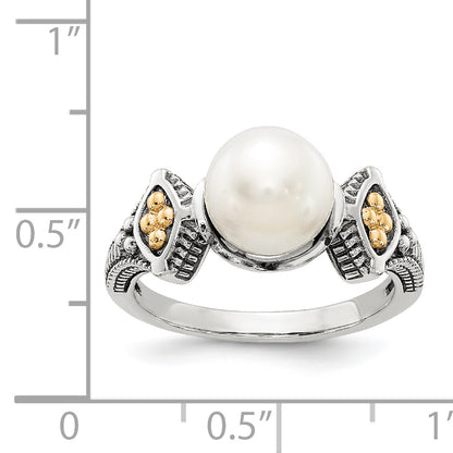 14K/Silver Two Tone Shey Couture Sterling Silver With 14K Accent Antiqued 8 8.5mm Freshwater Cultured Pearl Ring (Size 8 Only)