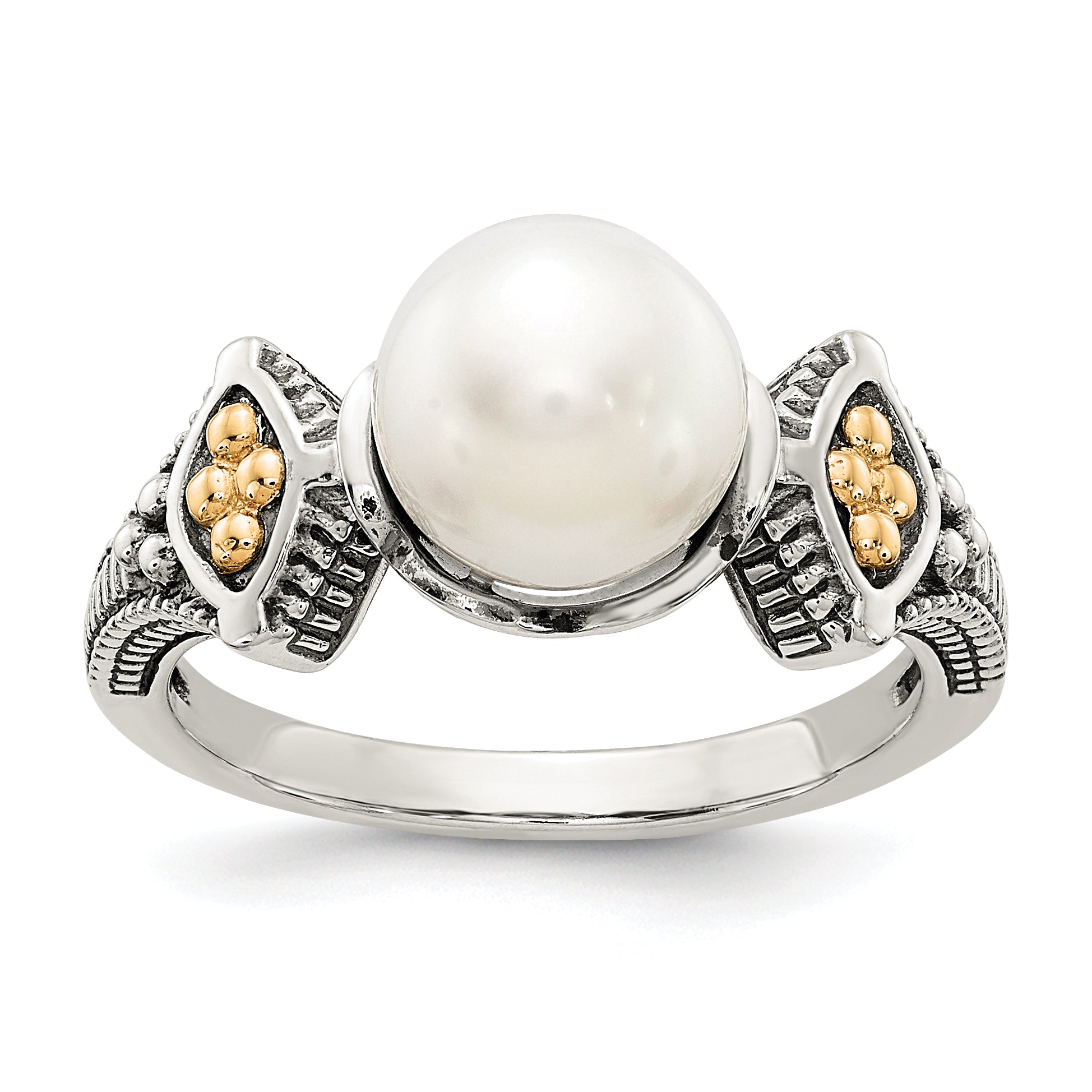 14K/Silver Two Tone Shey Couture Sterling Silver With 14K Accent Antiqued 8 8.5mm Freshwater Cultured Pearl Ring (Size 8 Only)