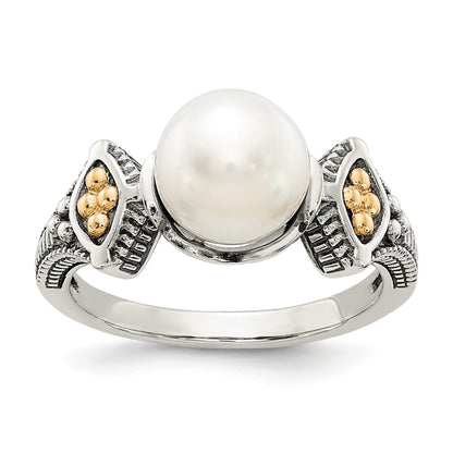 14K/Silver Two Tone Shey Couture Sterling Silver With 14K Accent Antiqued 8 8.5mm Freshwater Cultured Pearl Ring (Size 8 Only)