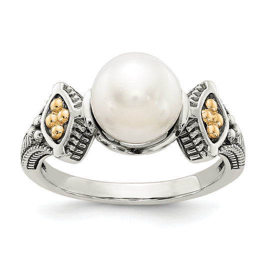 14K/Silver Two Tone Shey Couture Sterling Silver With 14K Accent Antiqued 8 8.5mm Freshwater Cultured Pearl Ring (Size 8 Only)