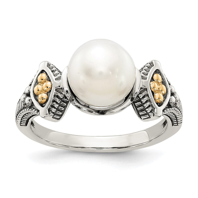 14K/Silver Two Tone Shey Couture Sterling Silver With 14K Accent Antiqued 8 8.5mm Freshwater Cultured Pearl Ring (Size 8 Only)