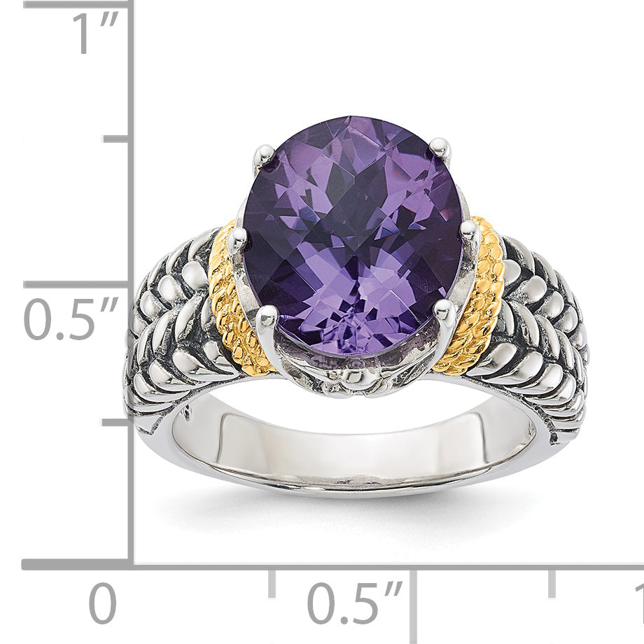 14K/Silver Two Tone Sterling Silver 14K Accent Antiqued Oval Amethyst Quartz Ring (Size 6 Only)