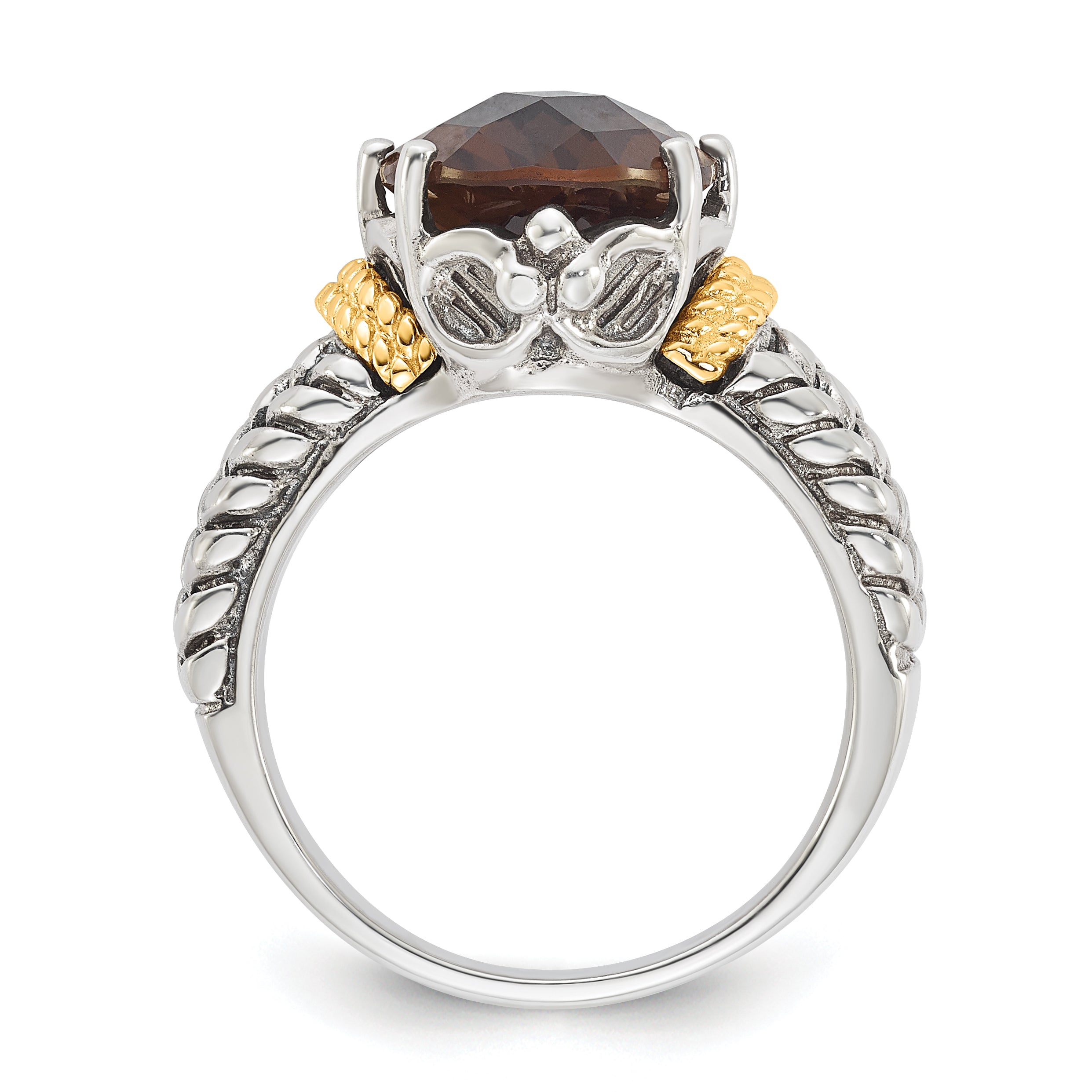 14K/Silver Two Tone Sterling Silver 14K Accent Antiqued Oval Smoky Quartz Ring