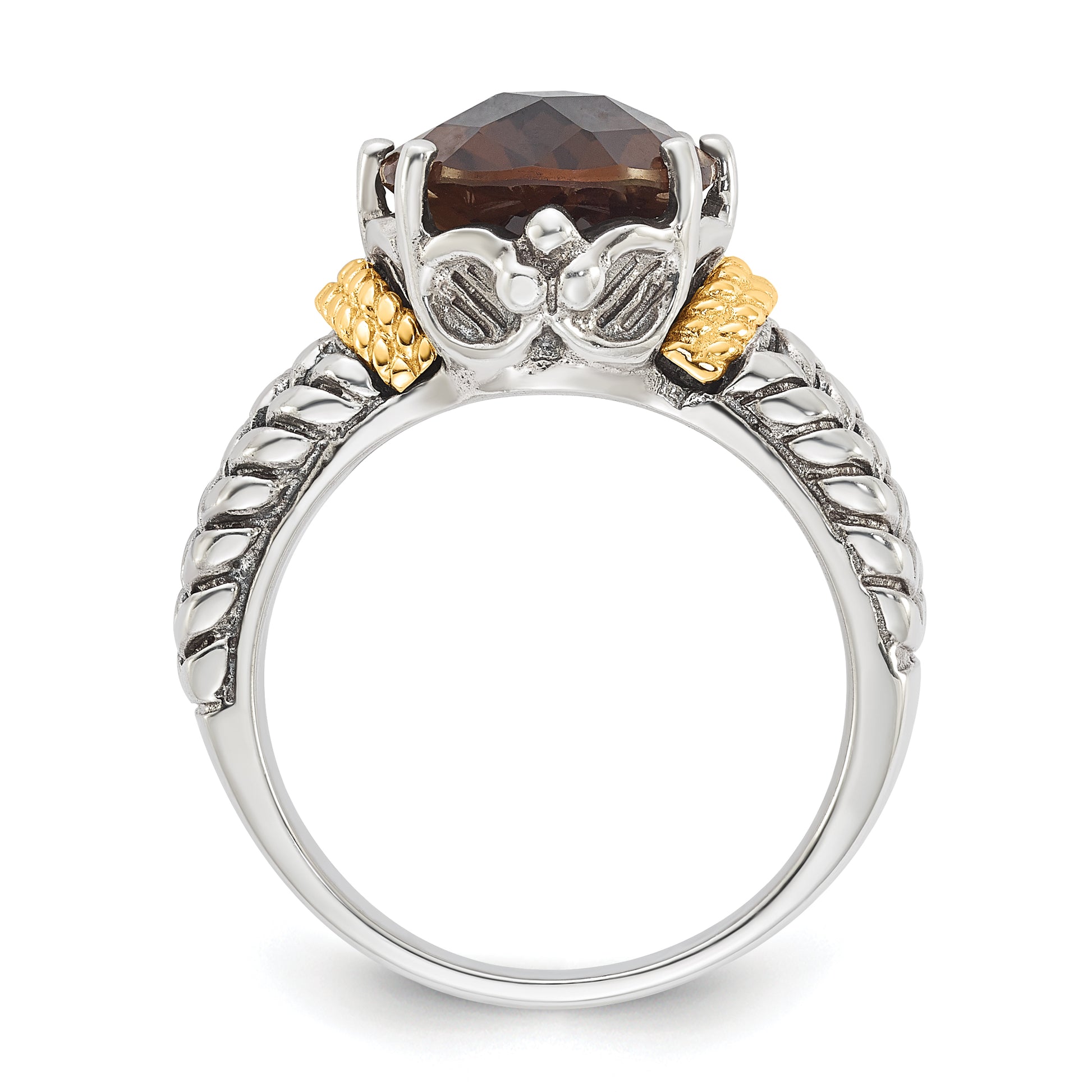 14K/Silver Two Tone Sterling Silver 14K Accent Antiqued Oval Smoky Quartz Ring