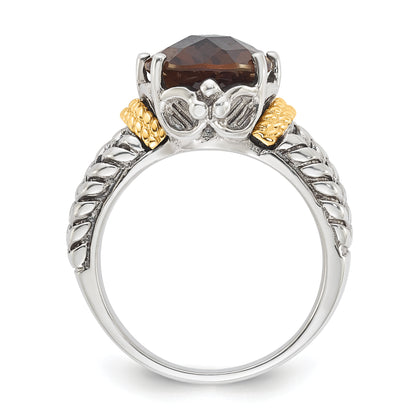 14K/Silver Two Tone Sterling Silver 14K Accent Antiqued Oval Smoky Quartz Ring