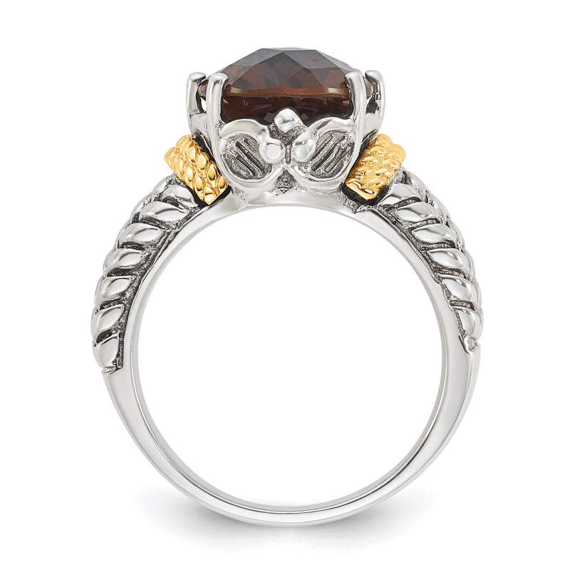 14K/Silver Two Tone Sterling Silver 14K Accent Antiqued Oval Smoky Quartz Ring
