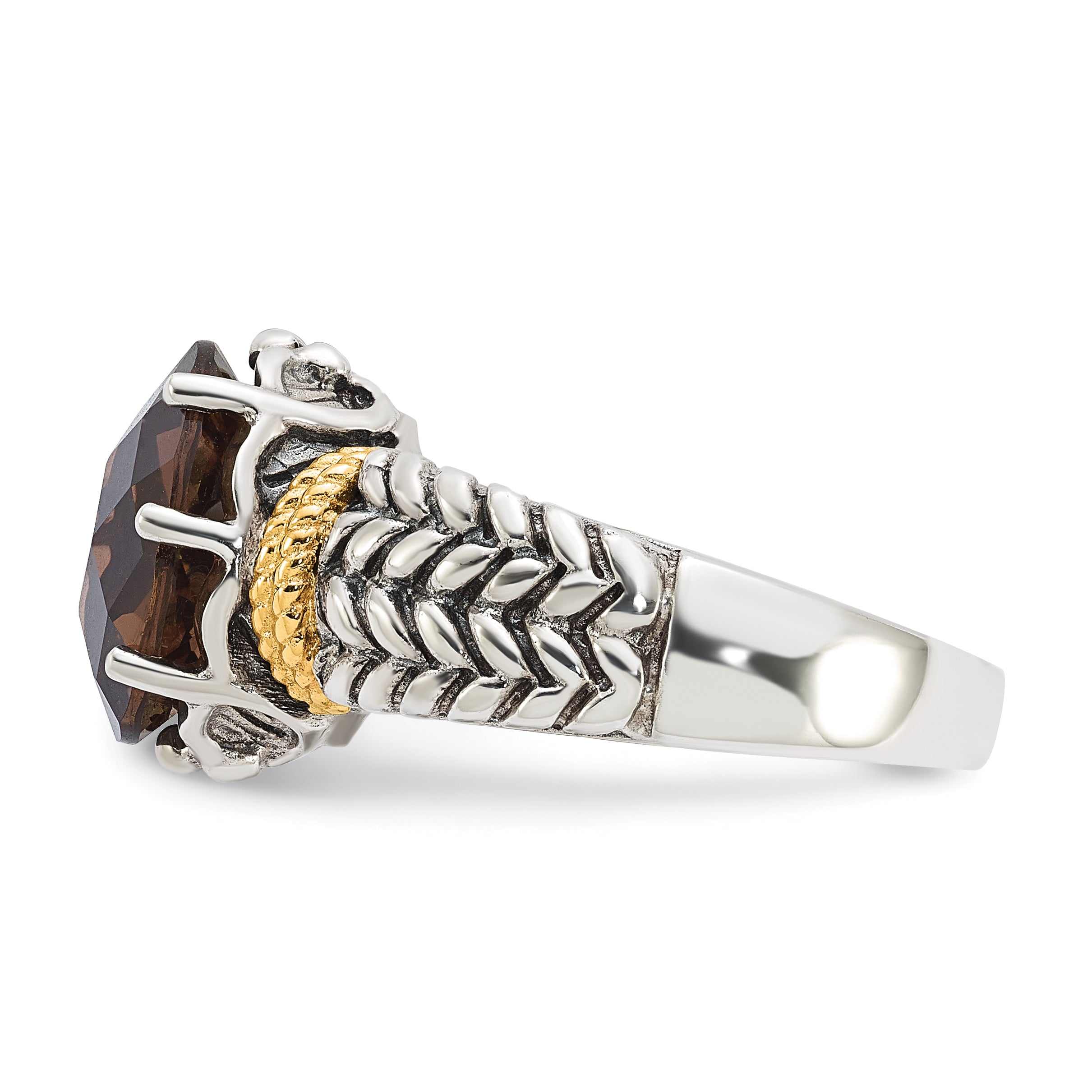 14K/Silver Two Tone Sterling Silver 14K Accent Antiqued Oval Smoky Quartz Ring