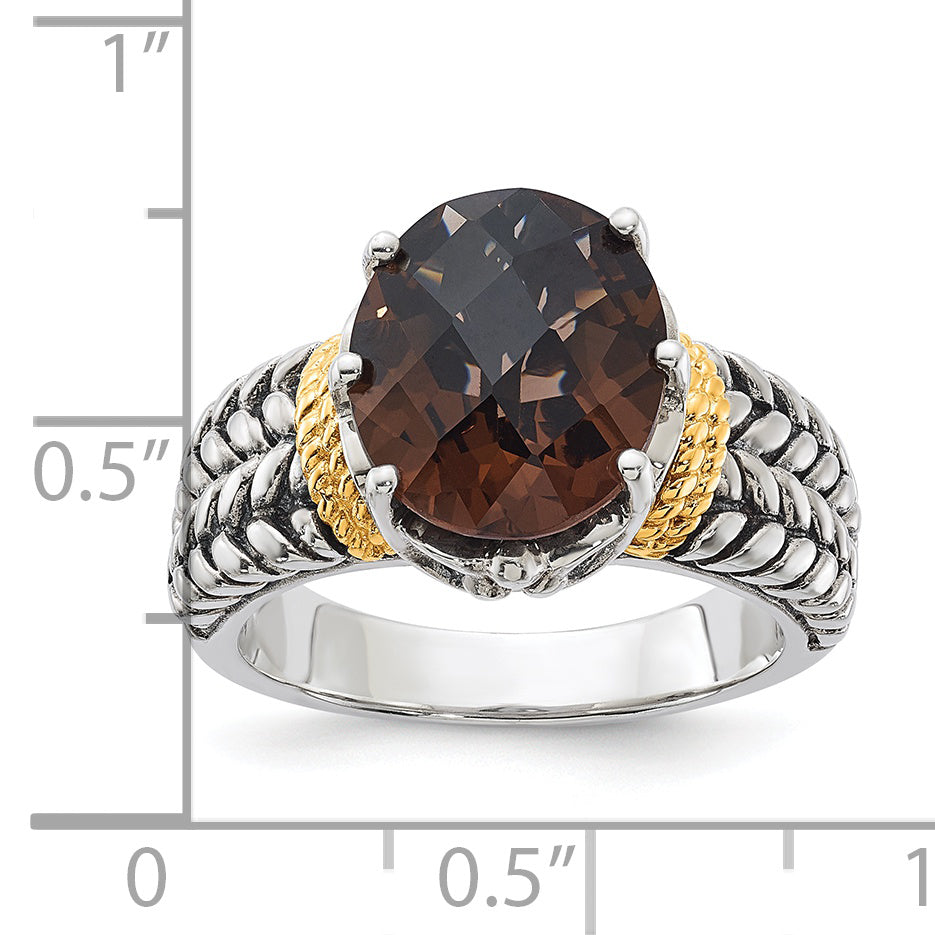 14K/Silver Two Tone Sterling Silver 14K Accent Antiqued Oval Smoky Quartz Ring