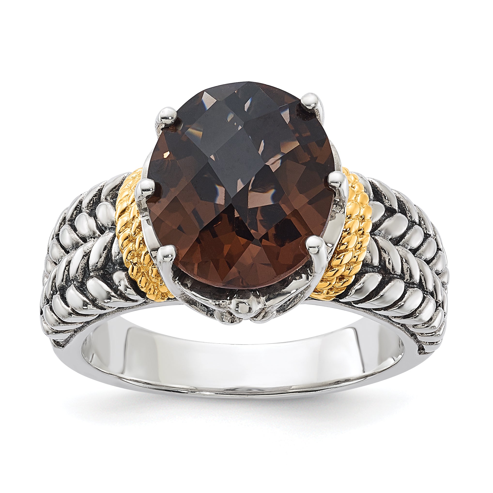 14K/Silver Two Tone Sterling Silver 14K Accent Antiqued Oval Smoky Quartz Ring