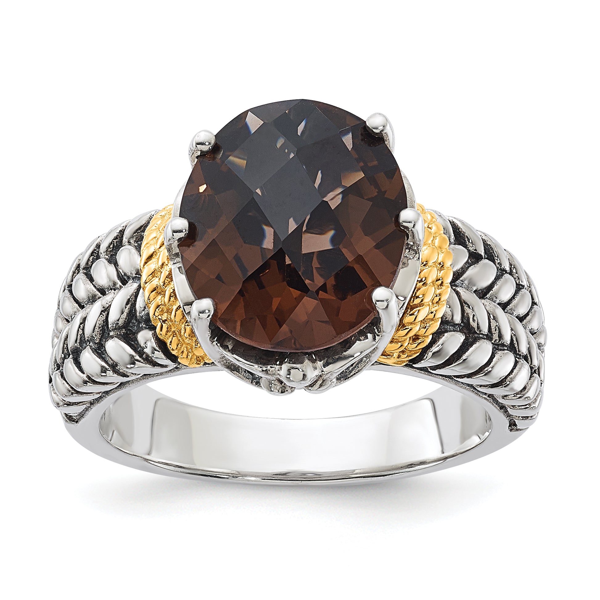 14K/Silver Two Tone Sterling Silver 14K Accent Antiqued Oval Smoky Quartz Ring