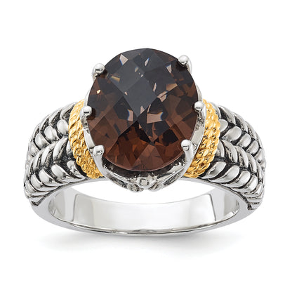 14K/Silver Two Tone Sterling Silver 14K Accent Antiqued Oval Smoky Quartz Ring