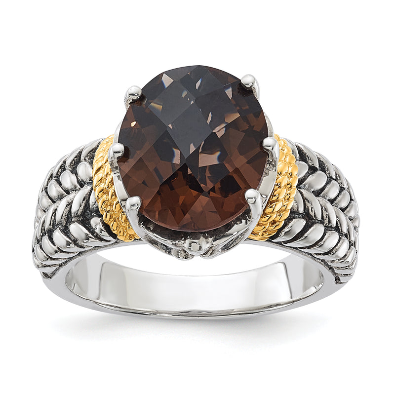 14K/Silver Two Tone Sterling Silver 14K Accent Antiqued Oval Smoky Quartz Ring