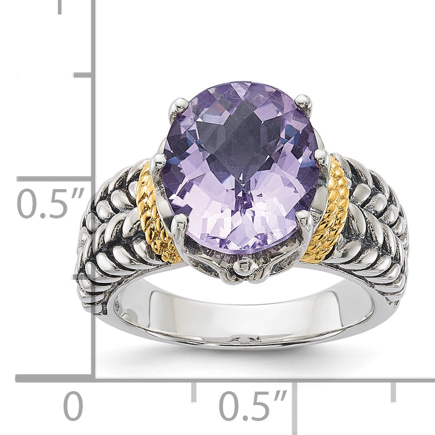 14K/Silver Two Tone Sterling Silver 14K Accent Antiqued Pink Quartz Ring (Size 6 Only)