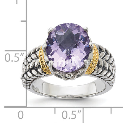 14K/Silver Two Tone Sterling Silver 14K Accent Antiqued Pink Quartz Ring (Size 6 Only)