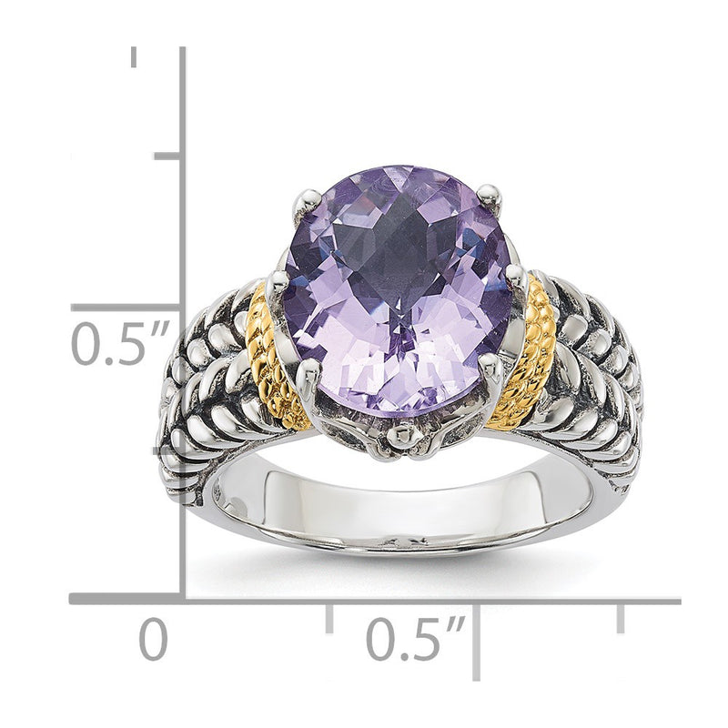 14K/Silver Two Tone Sterling Silver 14K Accent Antiqued Pink Quartz Ring (Size 6 Only)