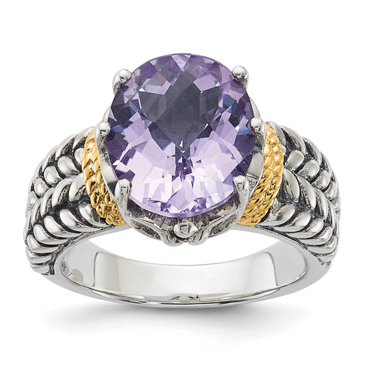 14K/Silver Two Tone Sterling Silver 14K Accent Antiqued Pink Quartz Ring (Size 6 Only)
