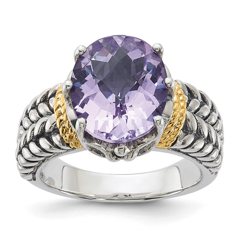 14K/Silver Two Tone Sterling Silver 14K Accent Antiqued Pink Quartz Ring (Size 6 Only)