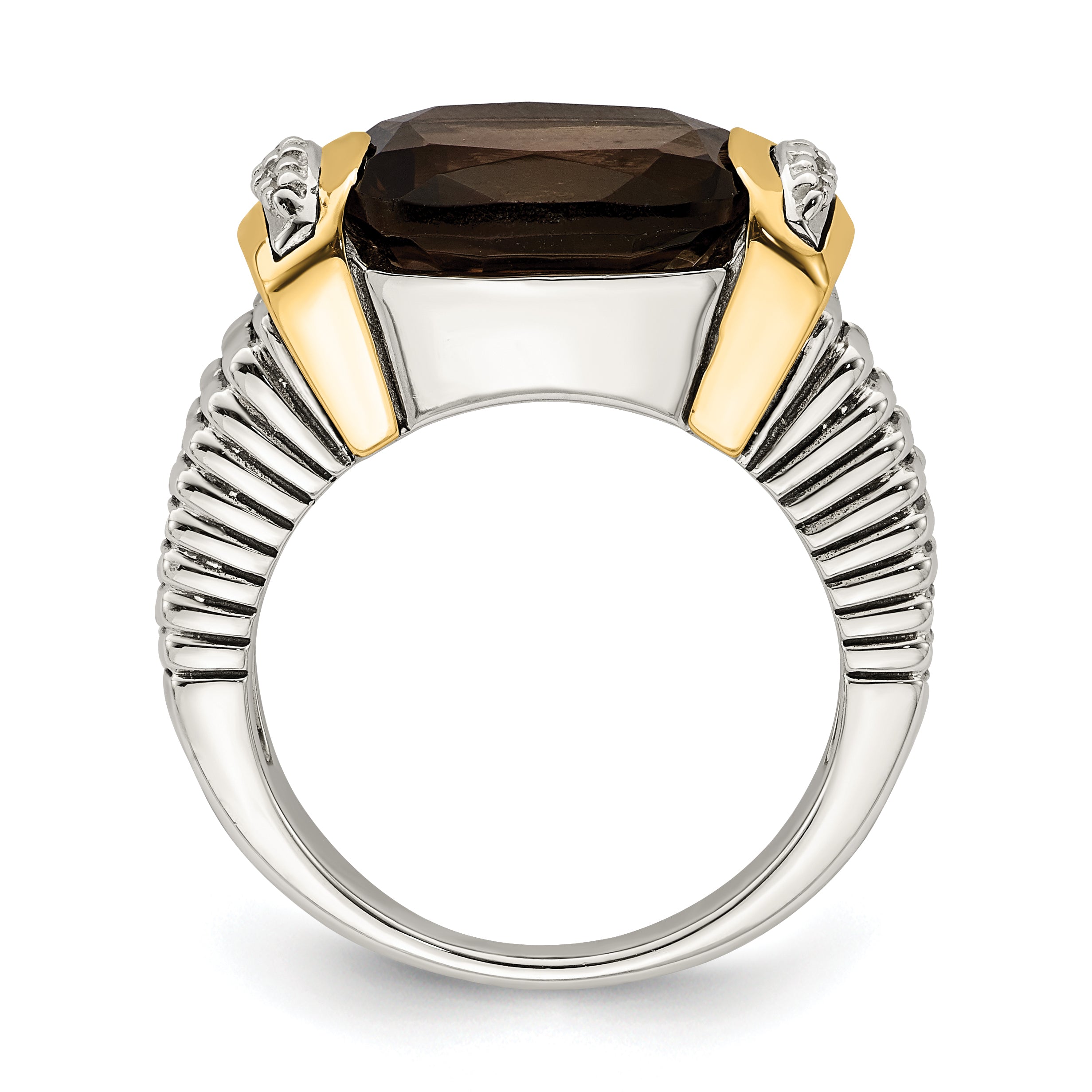 14K/Silver Two Tone Shey Couture Sterling Silver With 14K Accent Antiqued Cushion Checkerboard Smoky Quartz And Diamond Ring (Size 6 Only)