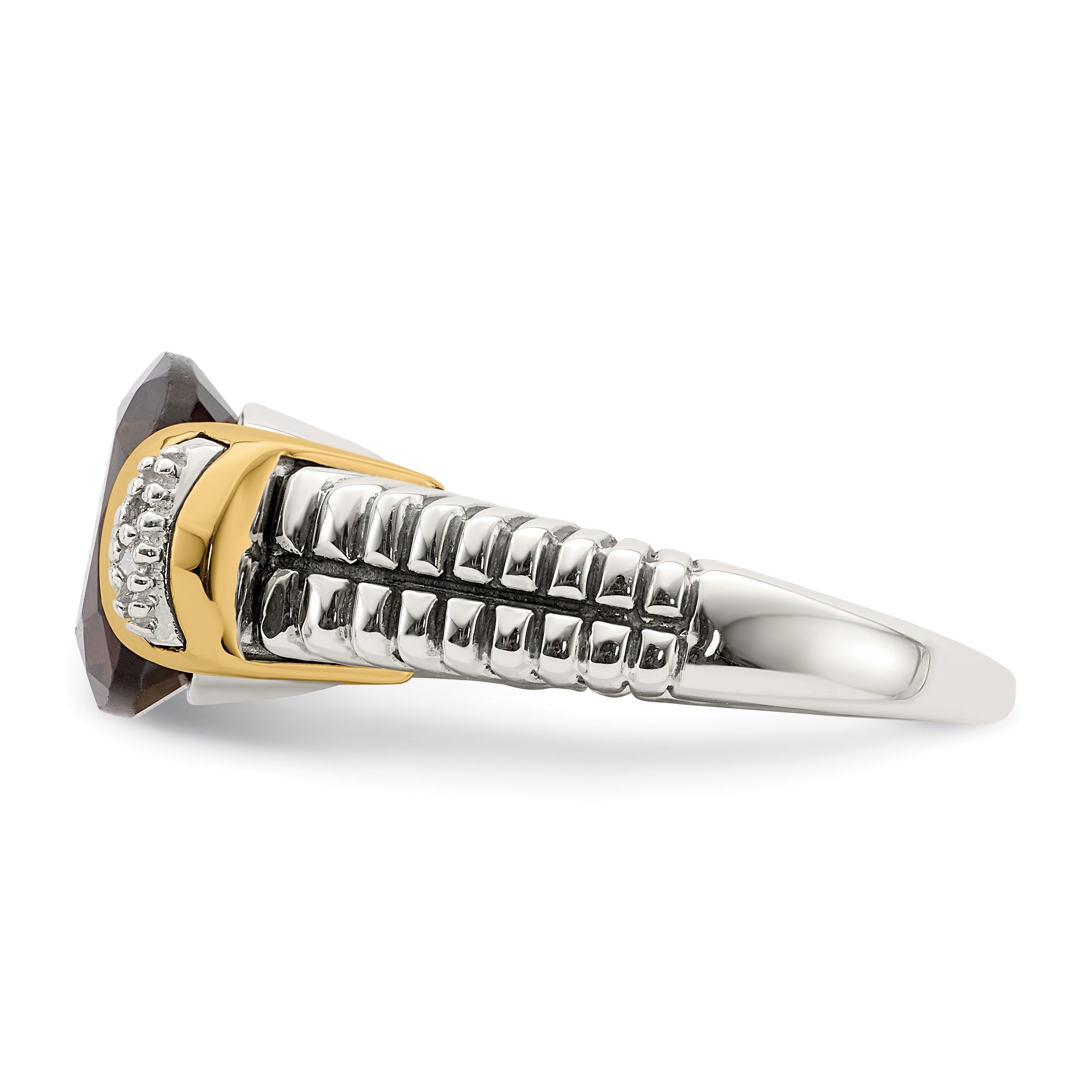 14K/Silver Two Tone Shey Couture Sterling Silver With 14K Accent Antiqued Cushion Checkerboard Smoky Quartz And Diamond Ring (Size 6 Only)