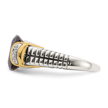14K/Silver Two Tone Shey Couture Sterling Silver With 14K Accent Antiqued Cushion Checkerboard Smoky Quartz And Diamond Ring (Size 6 Only)