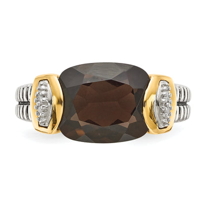 14K/Silver Two Tone Shey Couture Sterling Silver With 14K Accent Antiqued Cushion Checkerboard Smoky Quartz And Diamond Ring (Size 6 Only)
